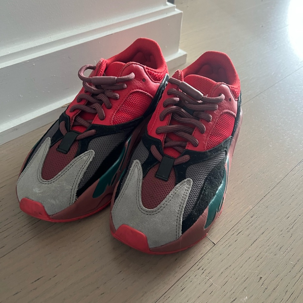 Yeezy Red and Black Athletic Shoes